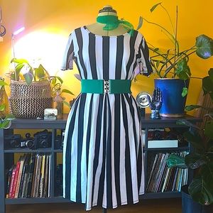 Black and white striped Amelia dress w/ pockets and zipper goth rockabilly punk